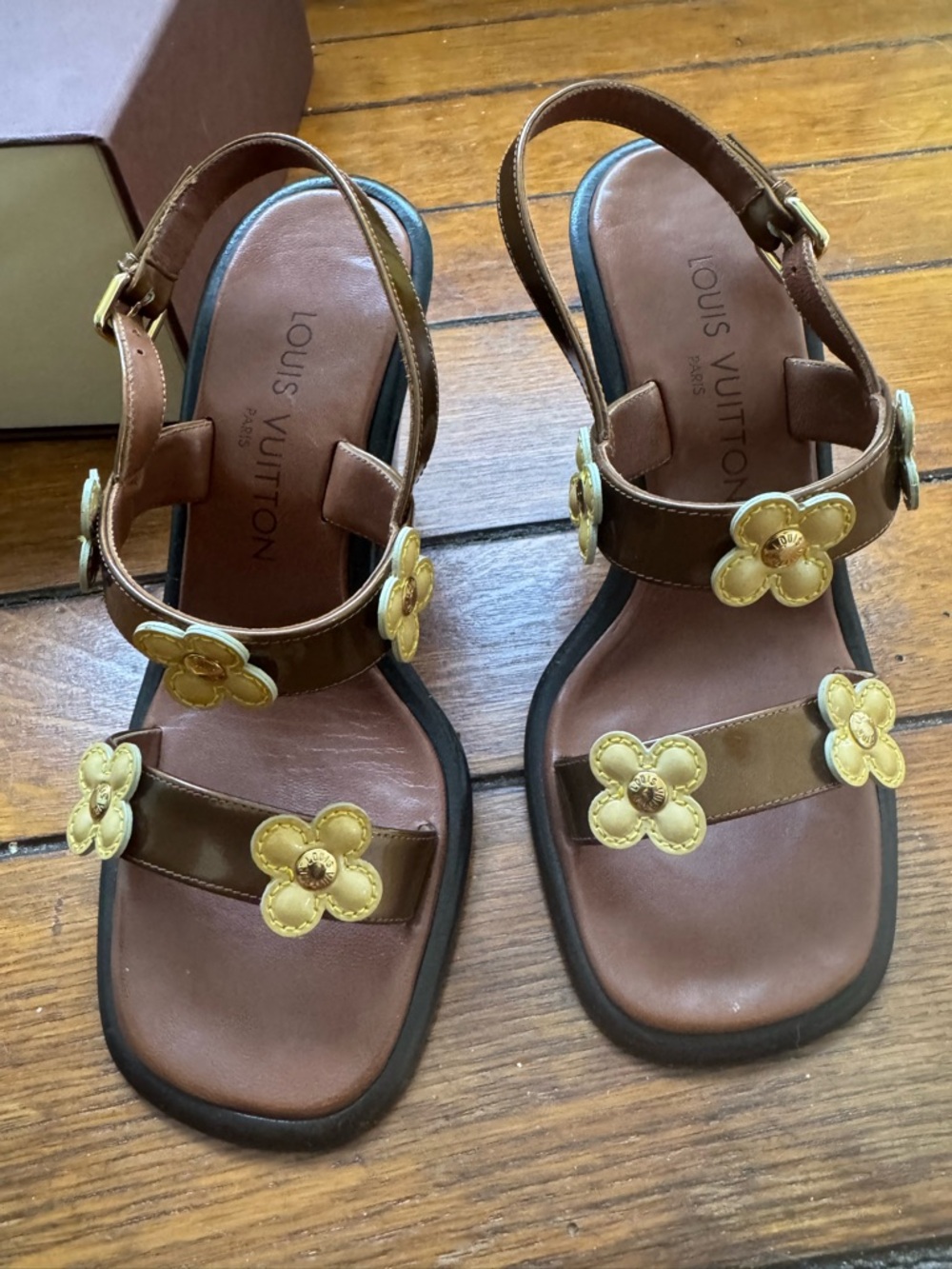 Louis Vuitton Brown Leather Slingback Sandals with Gold Floral Appliqués - Picture 7 of 11